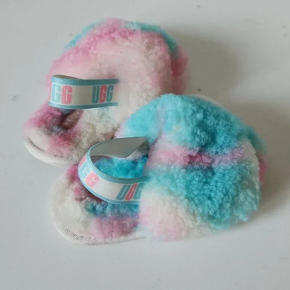UGG | Slipper Cotton Candy Kids Fluff Yeah Fur Pink Blue baby Sz 8 - Picture 3 of 4
